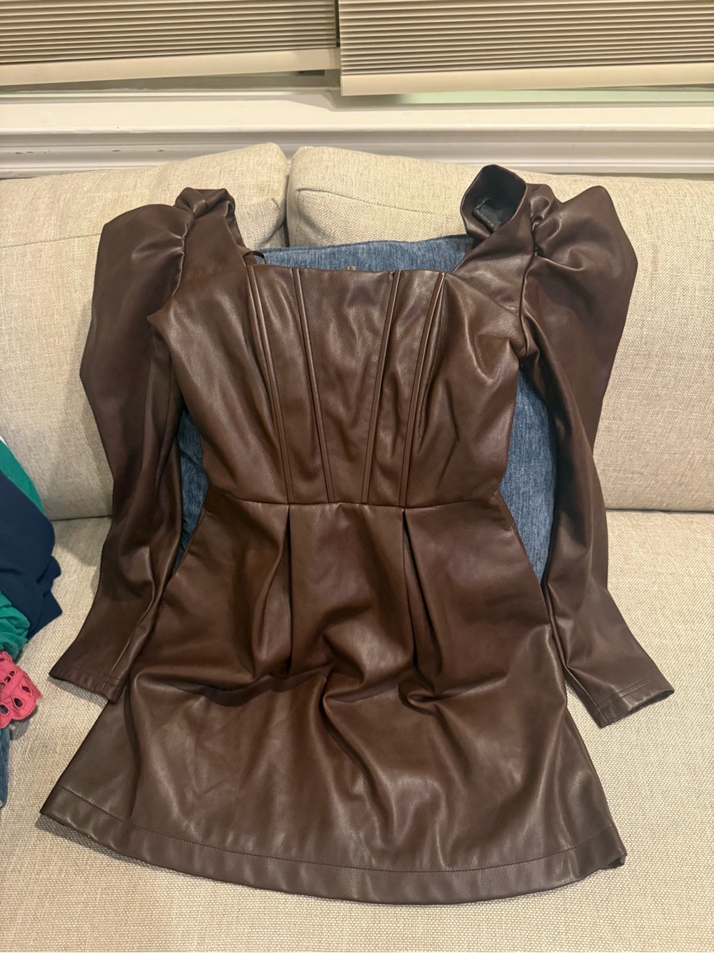 Avec Les Filles Brown Faux Leather Puff-Sleeve Jacket